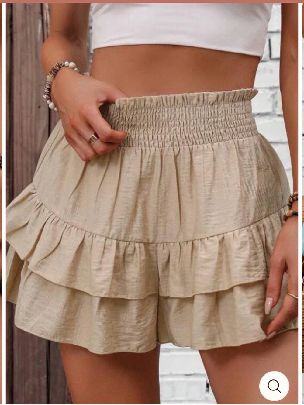 Beige Ruffled Smocked-Waist Women's Shorts Skort